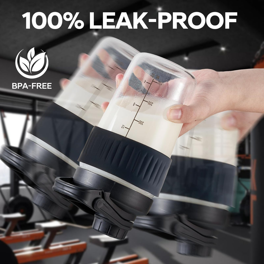 ShakeXpert spill-proof cap on glass shaker prevents leaks during shaking.