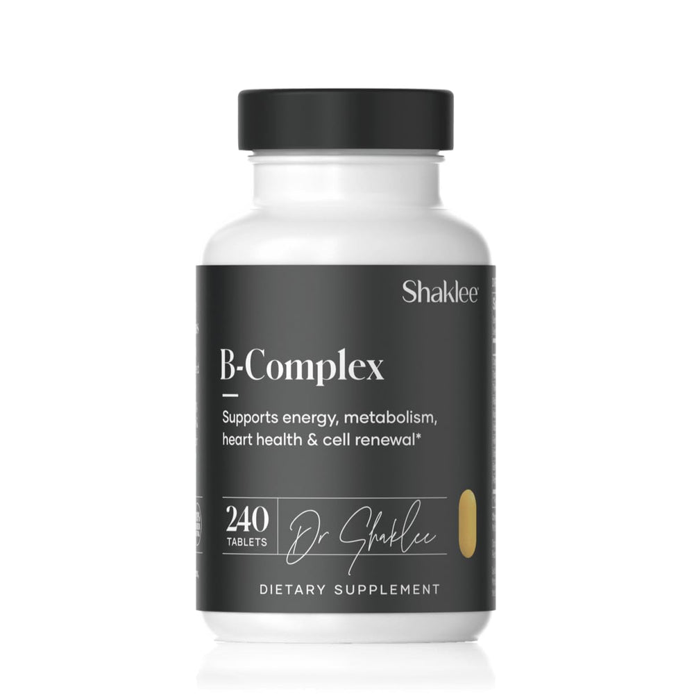 Shaklee B-Complex bottle view highlights compact packaging for daily energy support.