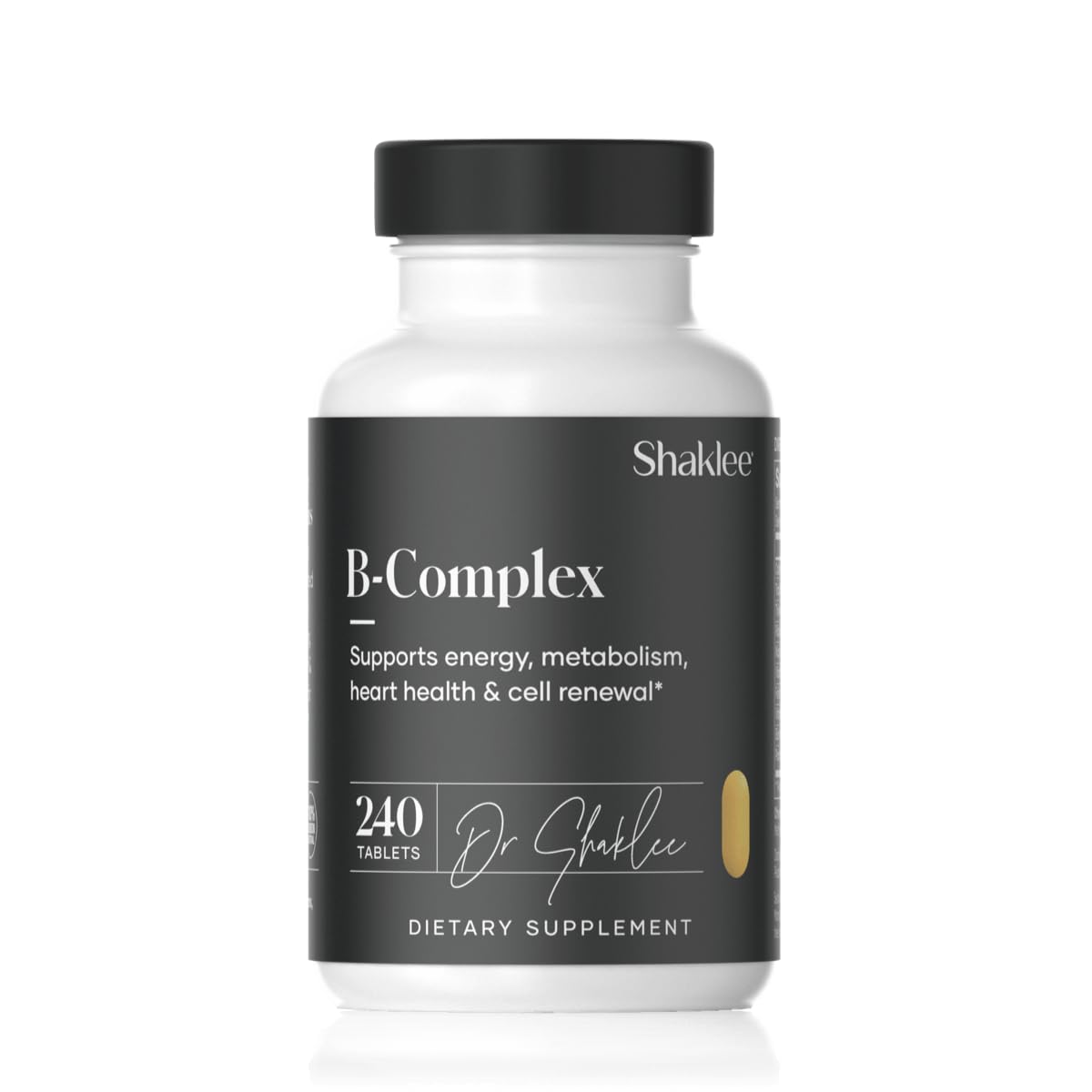 Shaklee B-Complex bottle view highlights compact packaging for daily energy support.