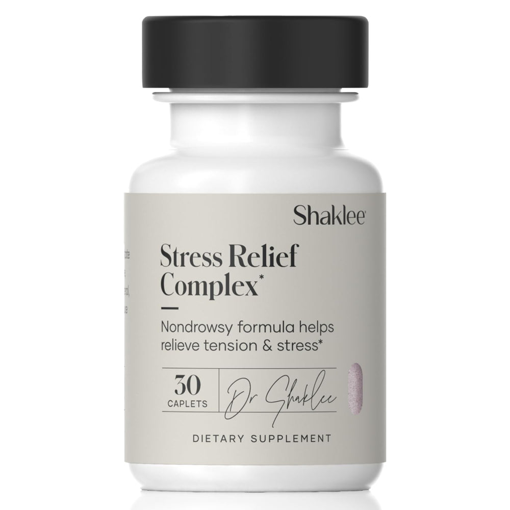 Shaklee Stress Relief Complex bottle front—promising daily calm and focused energy.
