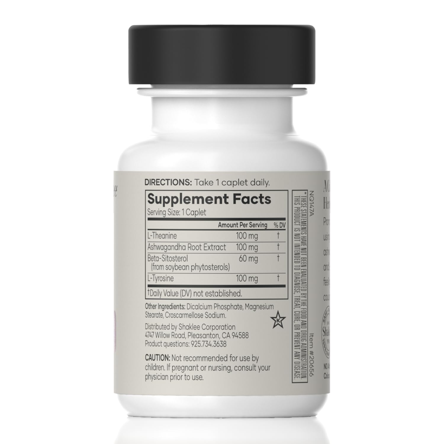 Shaklee Stress Relief Complex bottle label highlights L-theanine and ashwagandha for balance.