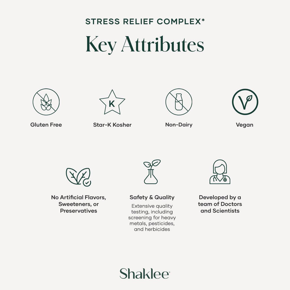 Shaklee Stress Relief Complex bottle side shows easy daily routine.