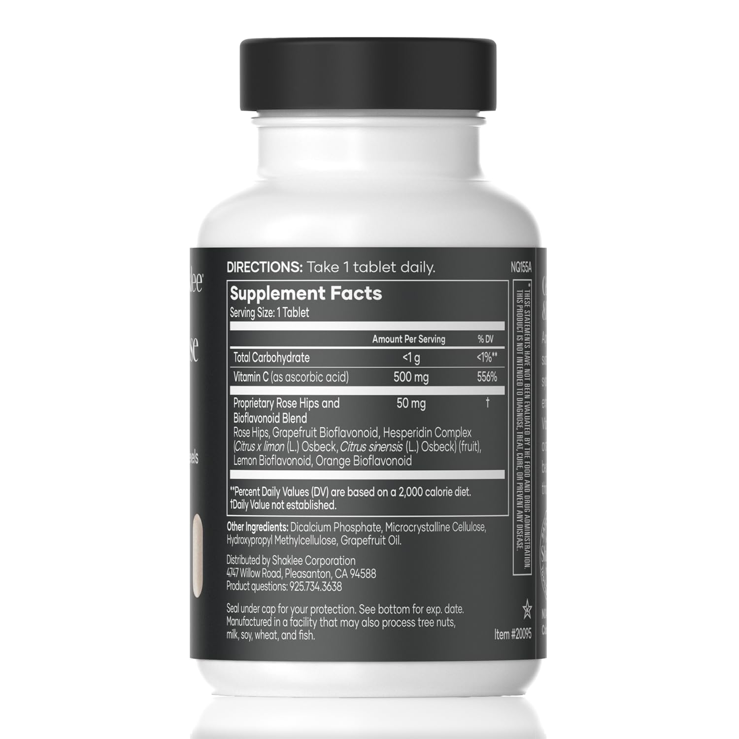 Shaklee Sustained-Release Vita-C 500mg bottle back shows ingredients and rose hips