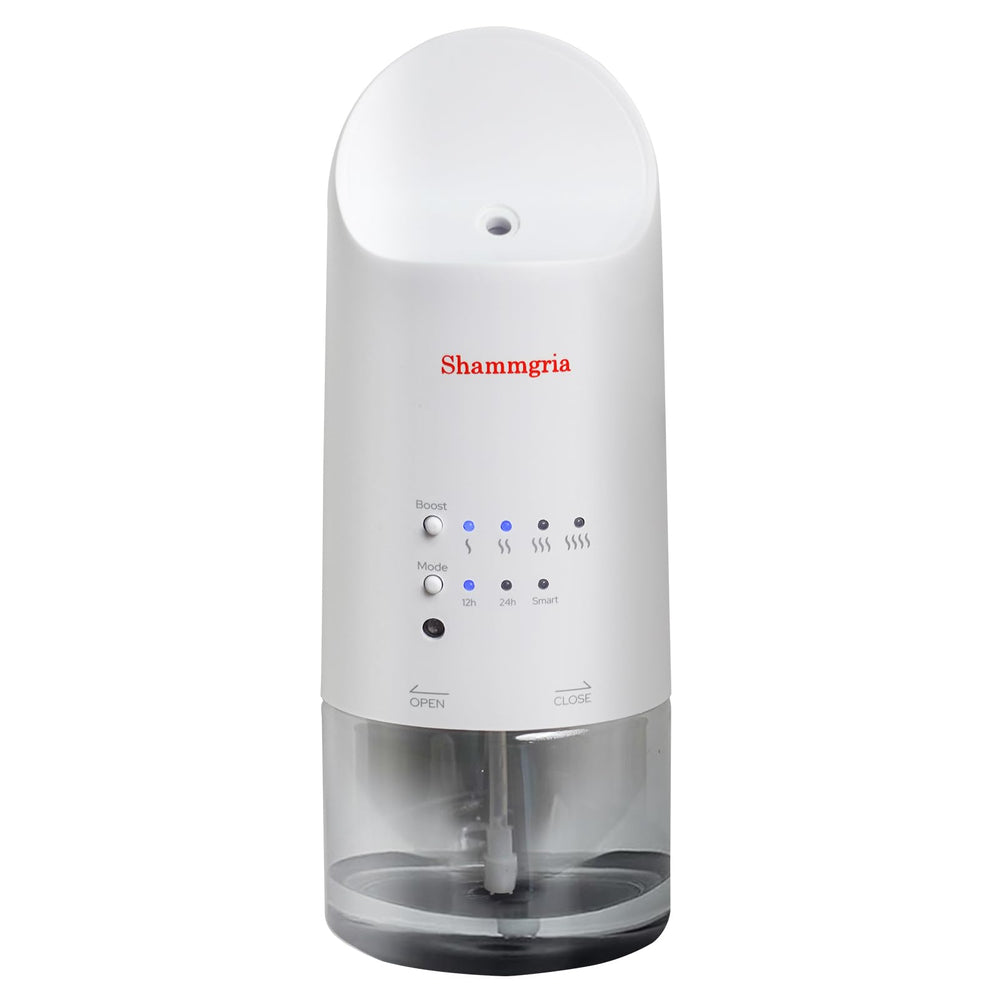 Shammgria 2026 wall-mount diffuser on a socket delivering continuous ambient aroma