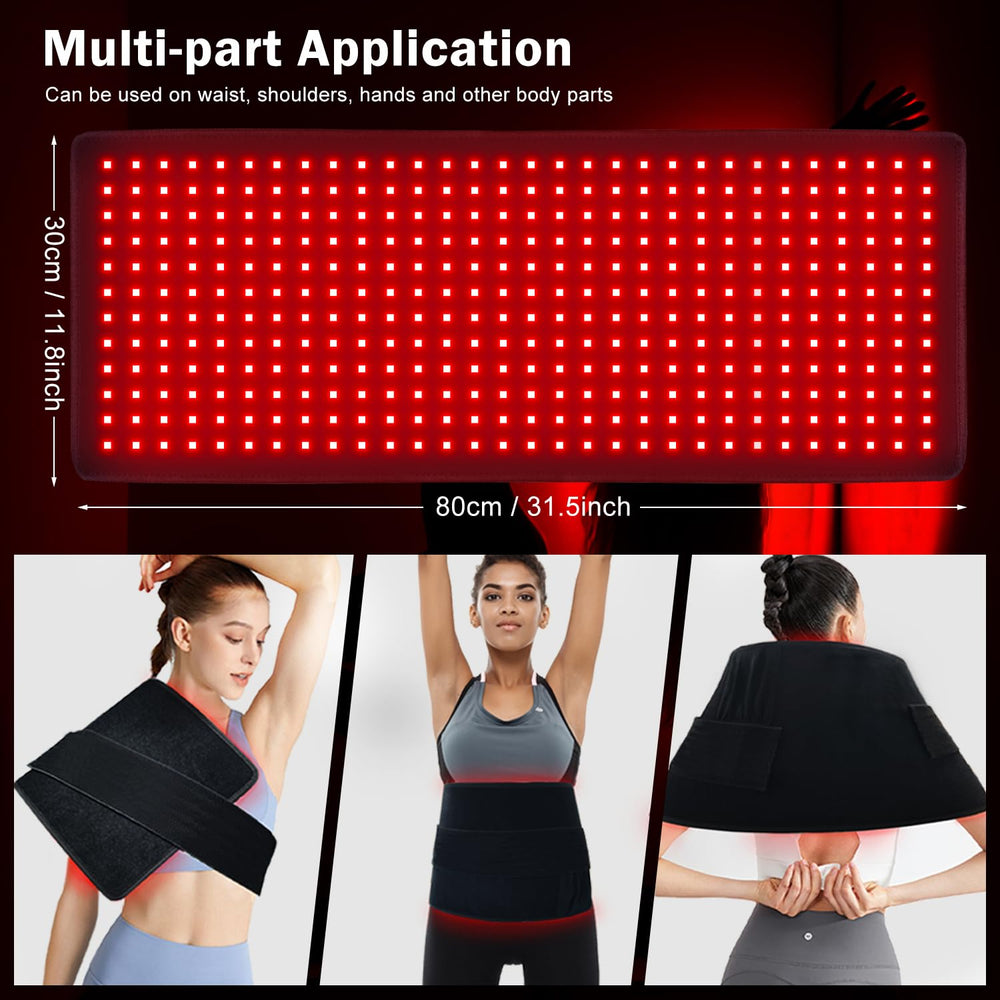 Wrap-ready 80x30 cm red light mat demonstrates flexible placement.
