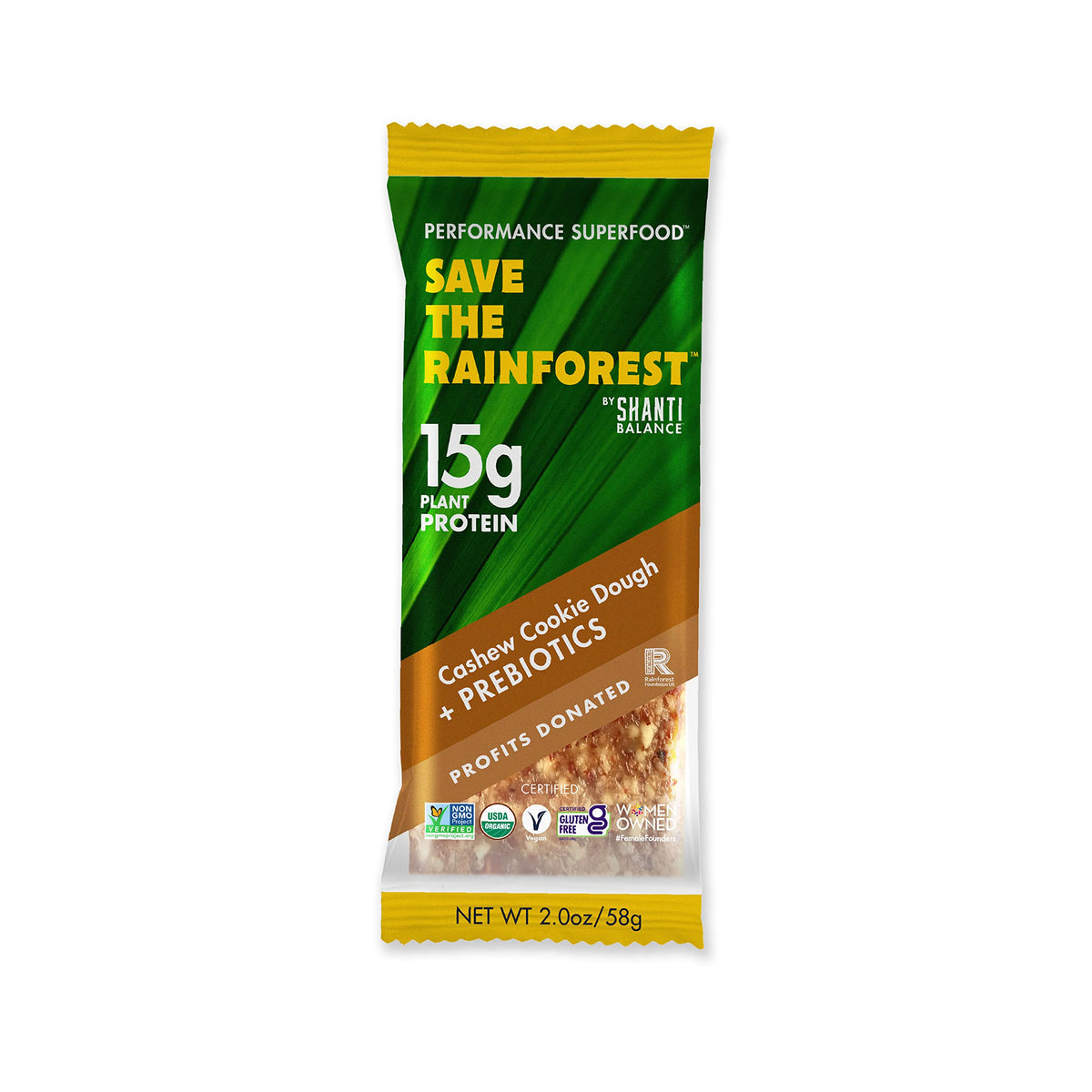 SHANTI BALANCE gut health cashew cookie dough bar close-up with creamy texture and chips