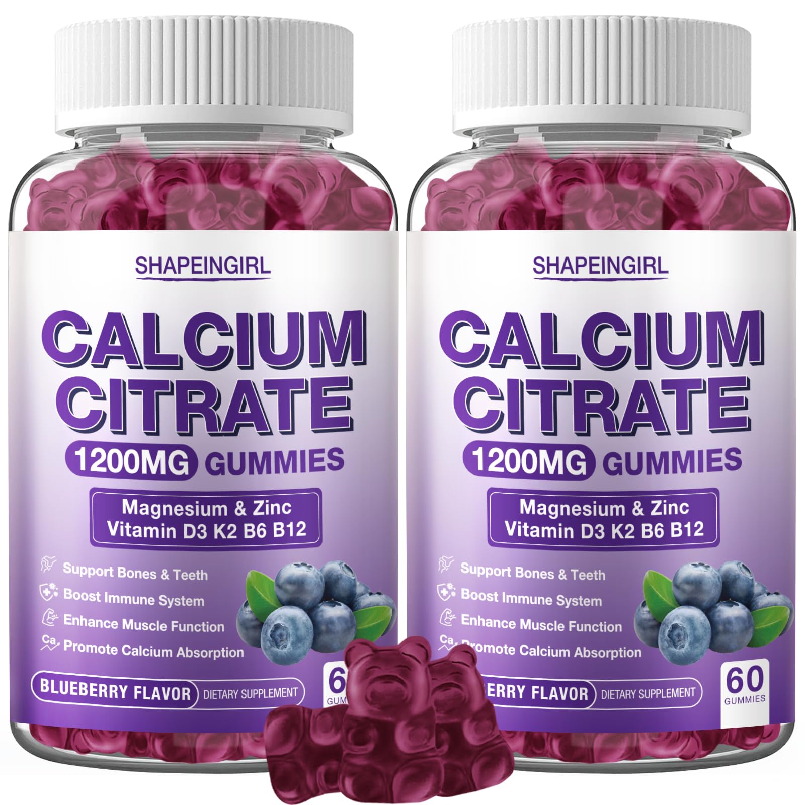 Shapeingirl calcium citrate blueberry gummies for bone support and daily wellness.