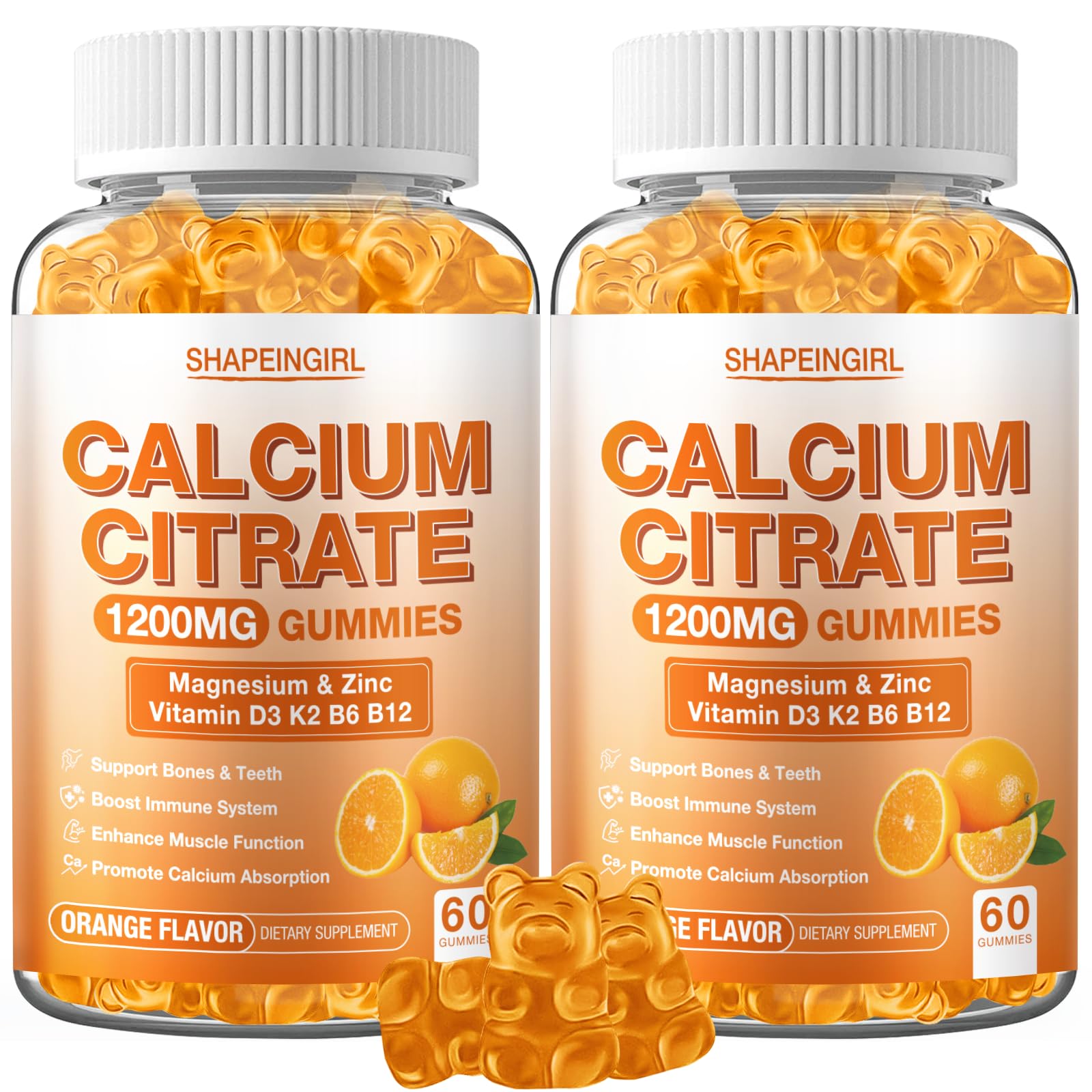 Shapeingirl calcium gummies in orange flavor for daily bone support and energy.