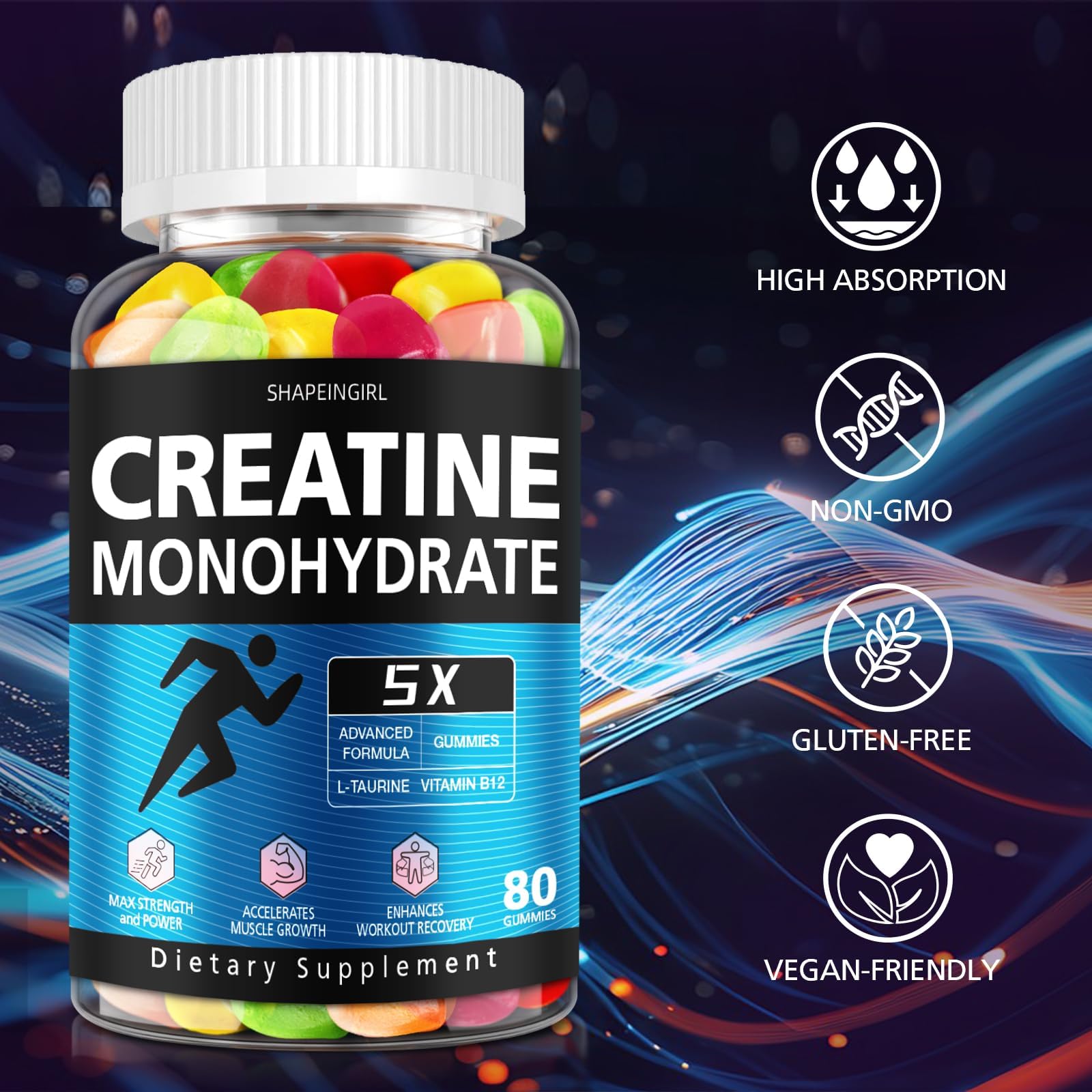 SHAPEINGIRL Creatine Gummies near gym gear suggests athletic session support.