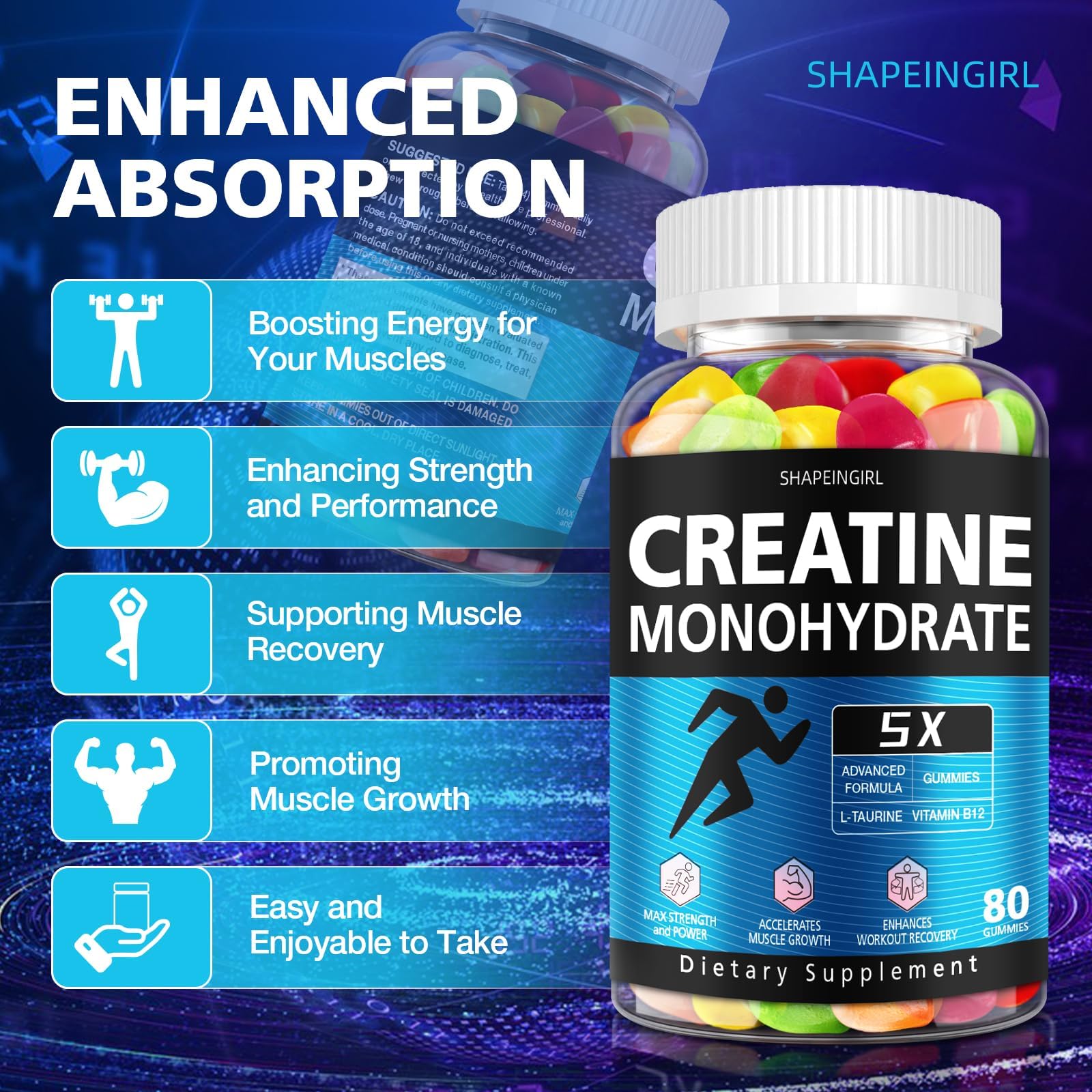 SHAPEINGIRL Creatine Gummies closeup highlights chewy texture ideal for daily use.