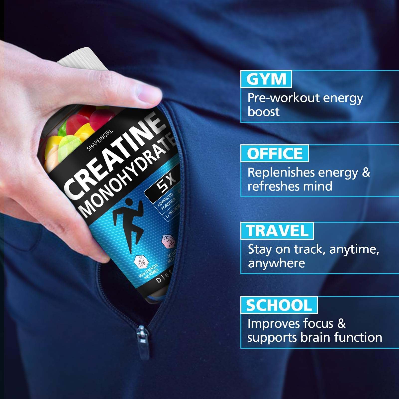 SHAPEINGIRL Creatine Gummies in a kitchen scene imply tasty, convenient fueling.