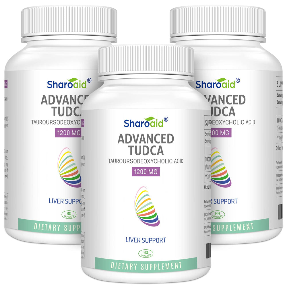 Sharoaid TUDCA Liver Support bottle front highlights 1200 mg formula for liver health