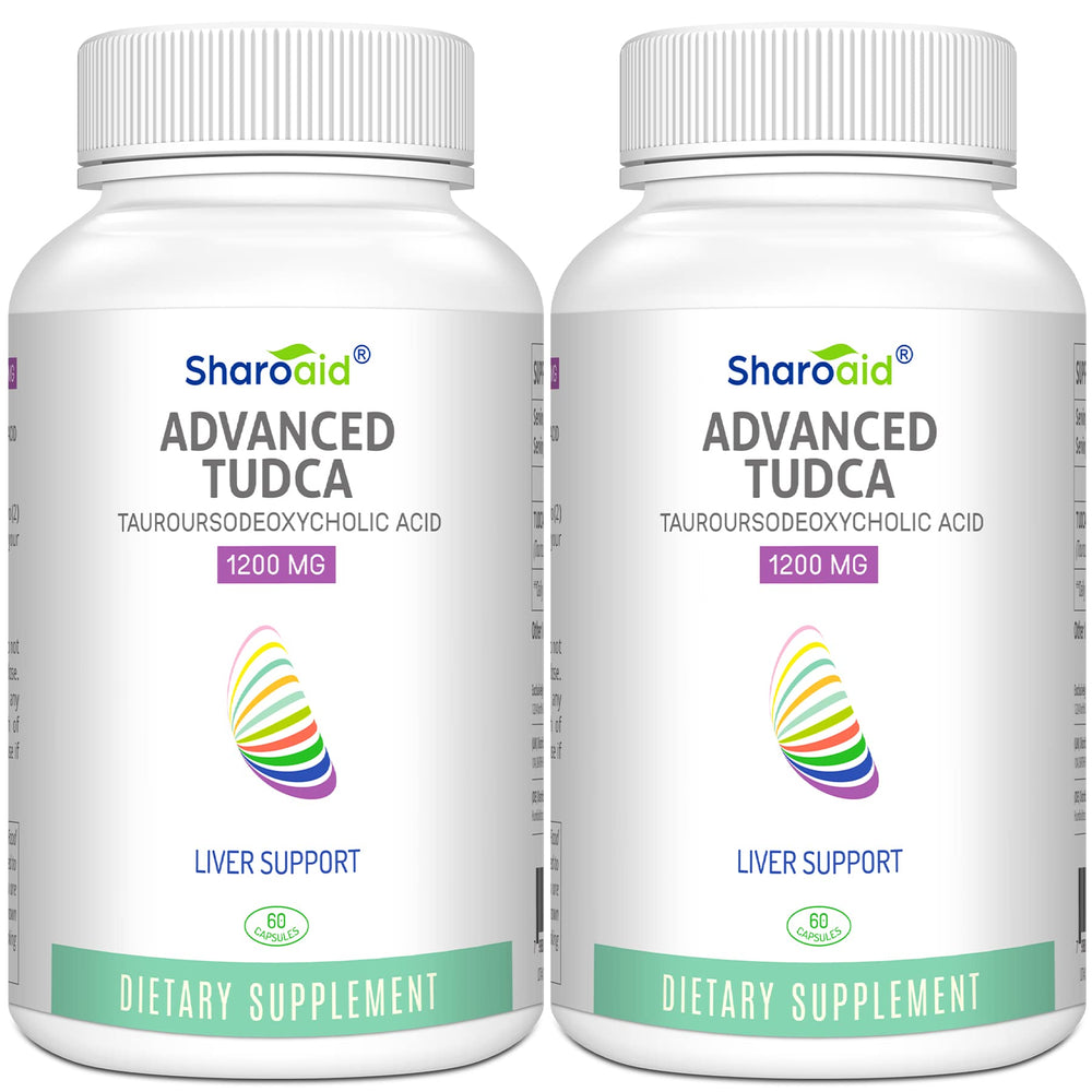 Sharoaid Tudca liver-support bottle showing 1200 mg formula for daily liver care.