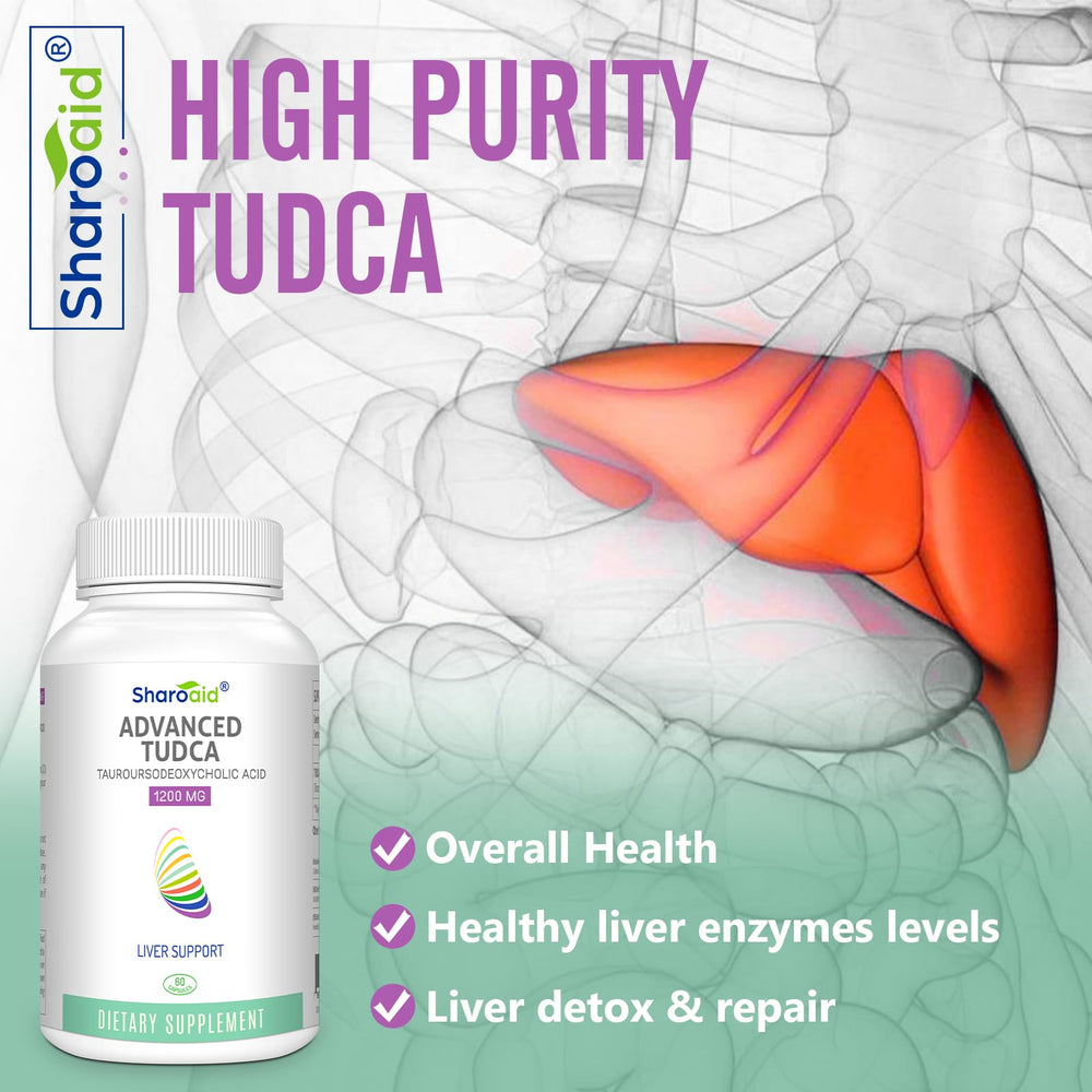 Sharoaid Tudca packaging display suggests premium liver health support for daily routines.