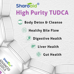 Sharoaid TUDCA packaging graphic emphasizes vegan, non-GMO, gluten-free features.