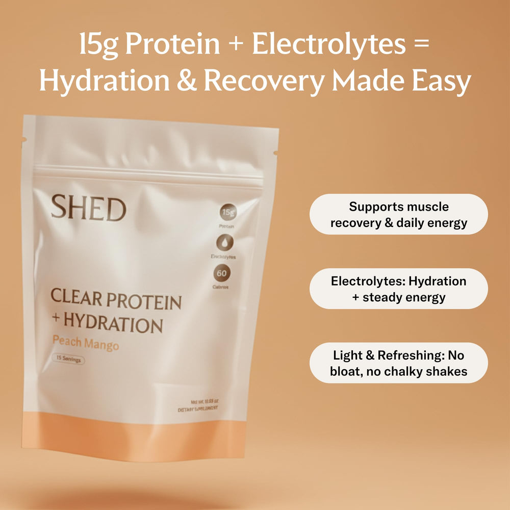 Shed Nutrition Clear Protein electrolytes, hydration-ready drink in glass helps replenish minerals