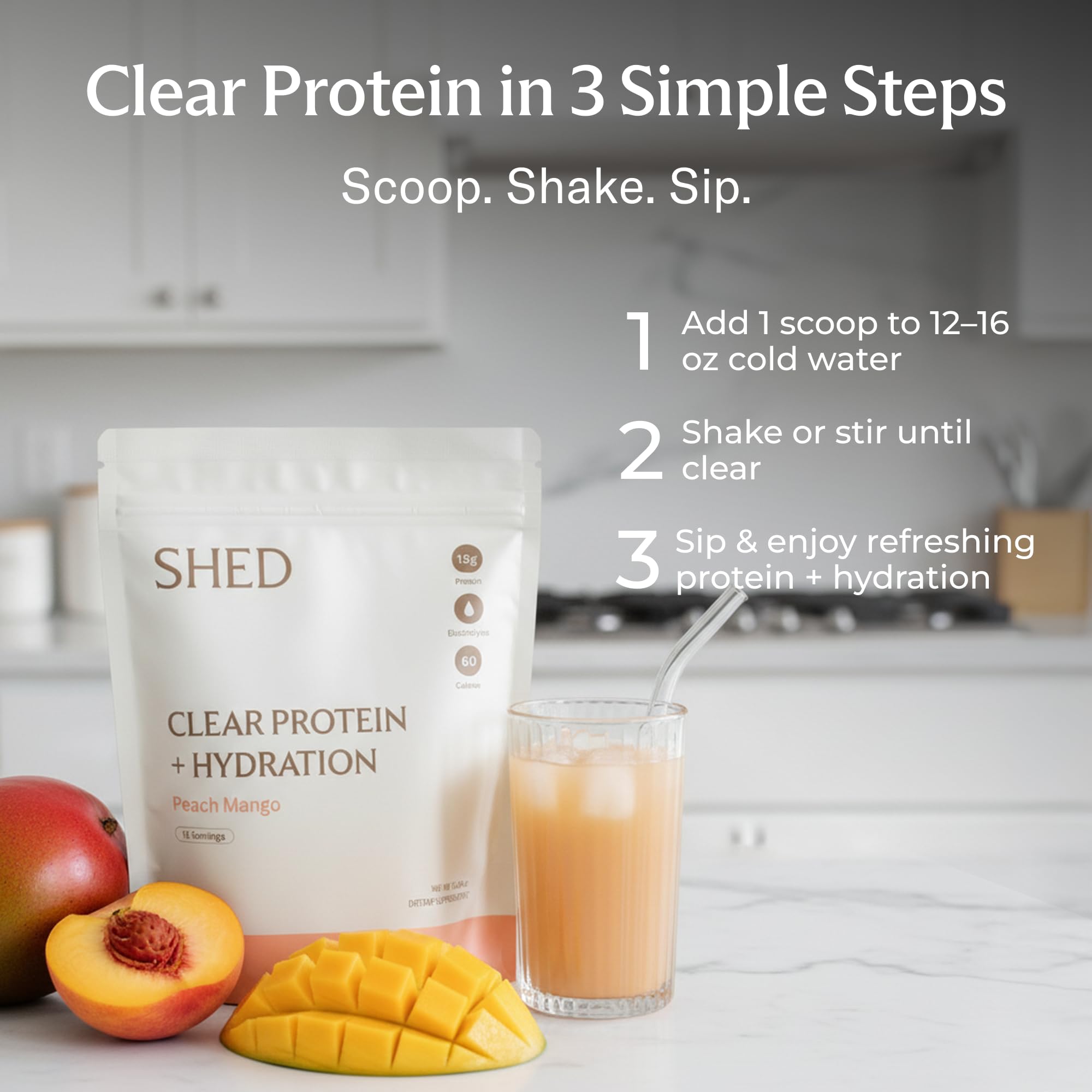 Shed Nutrition Clear Protein Peach Mango tub close-up showcases flavor appeal