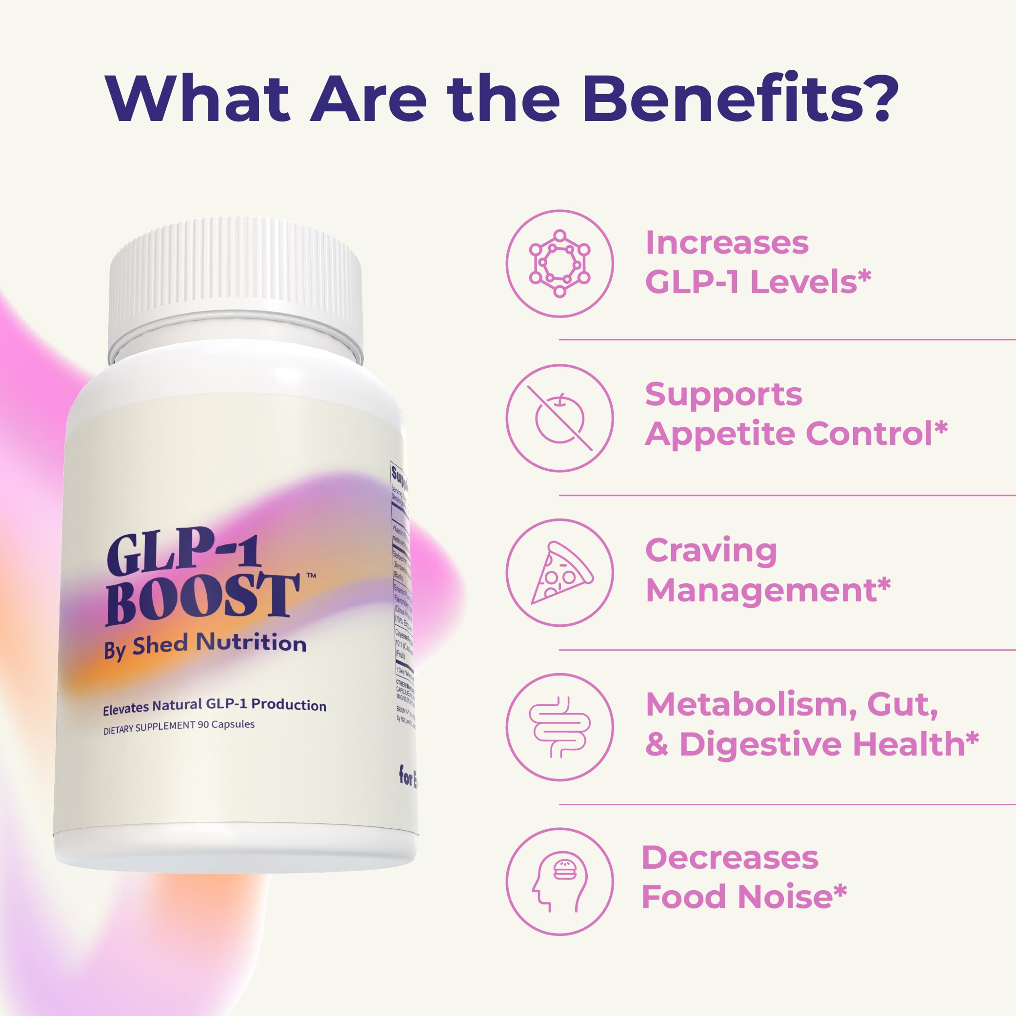 Close-up of Shed Nutrition GLP-1 Boost capsules ready for pre-meal use.