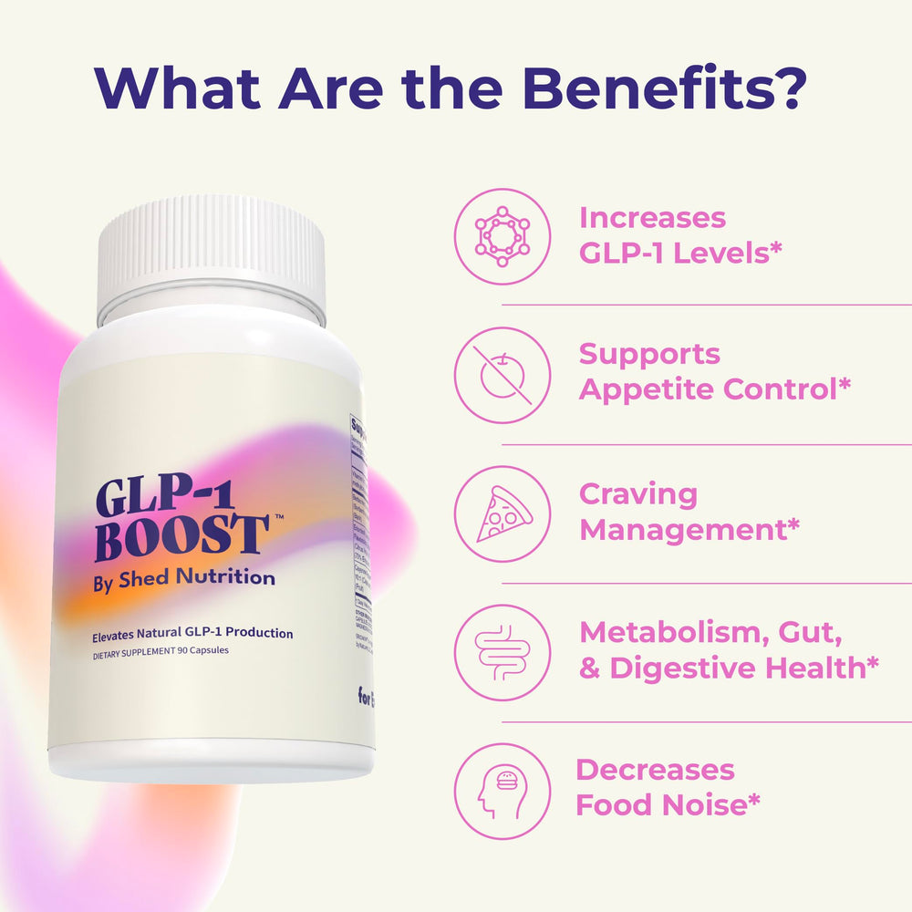 Close-up of Shed Nutrition GLP-1 Boost capsules ready for pre-meal use.
