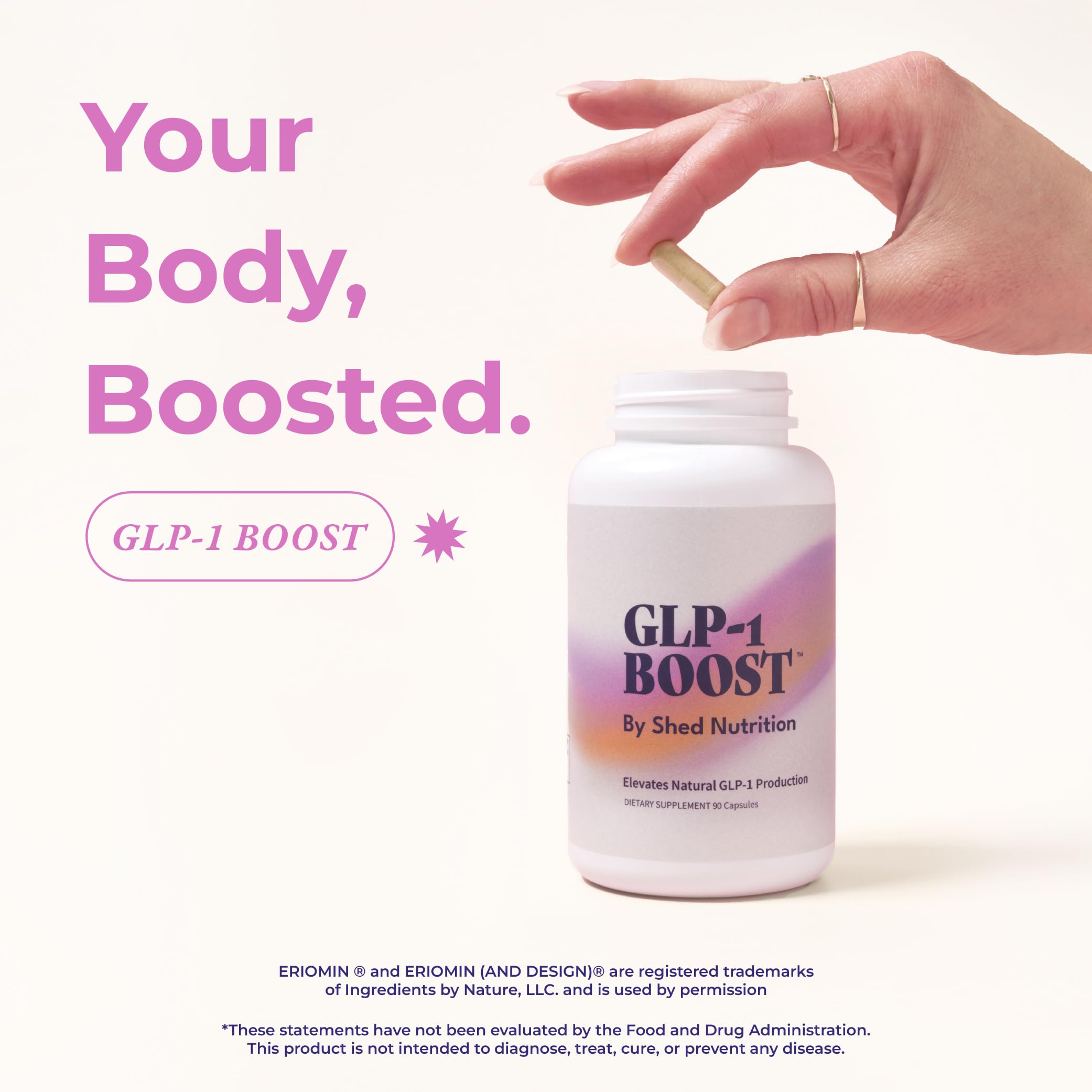 Packaging highlights Shed Nutrition GLP-1 Boost 90 capsules and serving guidance.
