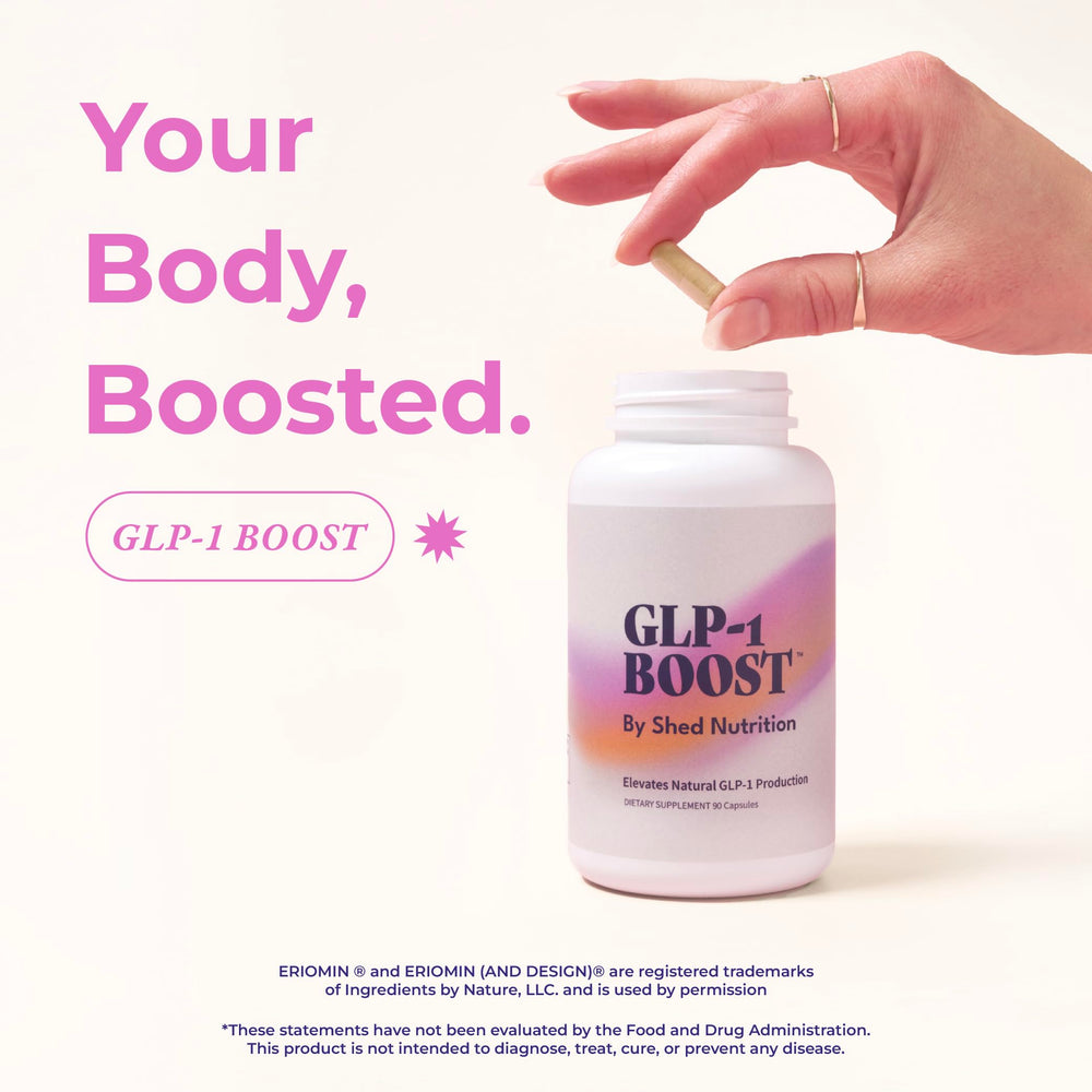 Packaging highlights Shed Nutrition GLP-1 Boost 90 capsules and serving guidance.