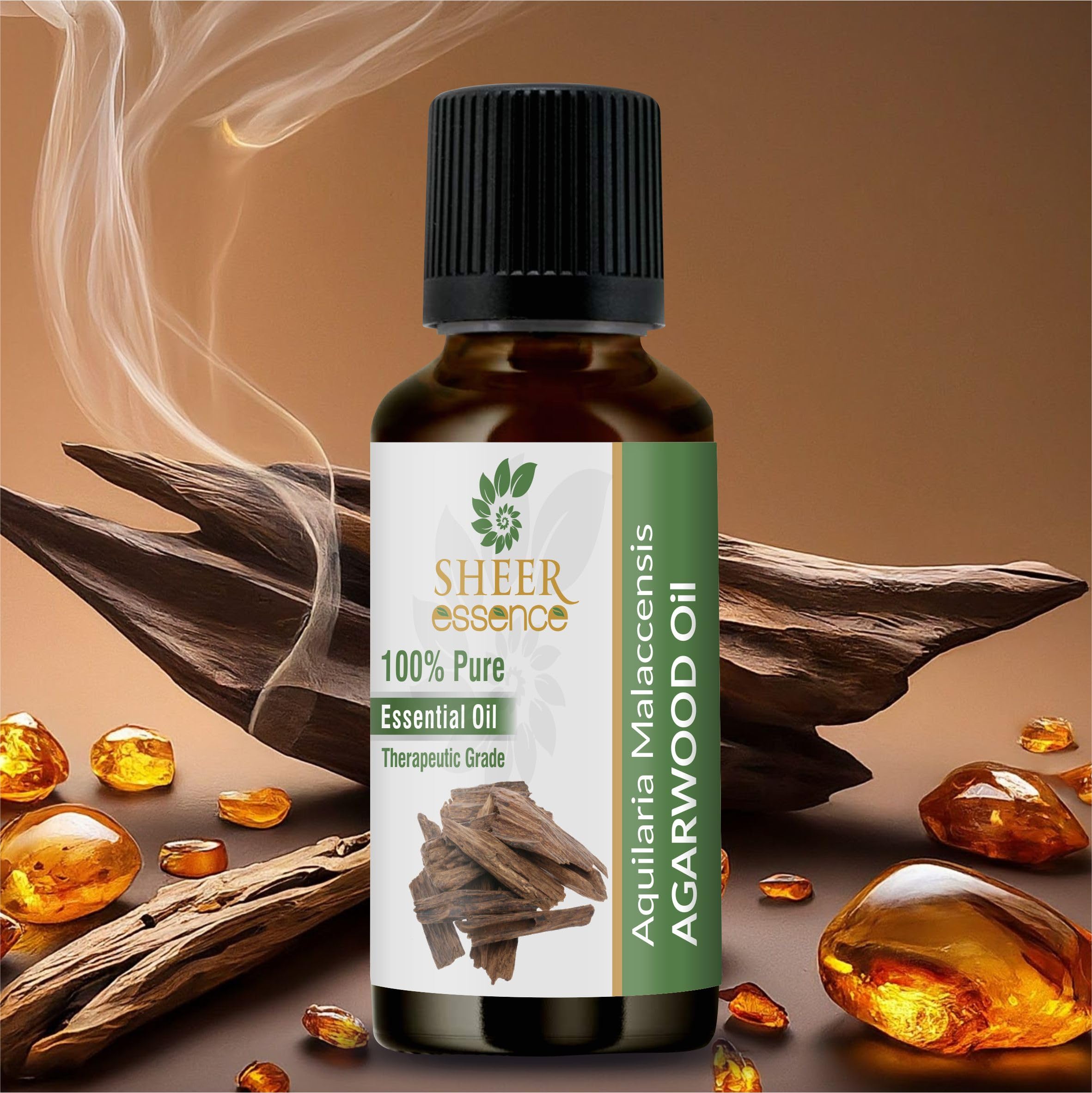 Closeup of Sheer Essence agarwood oil in amber bottle showing rich color.
