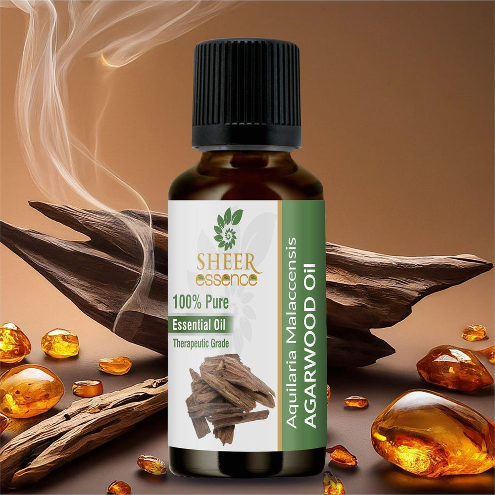 Closeup of Sheer Essence agarwood oil in amber bottle showing rich color.
