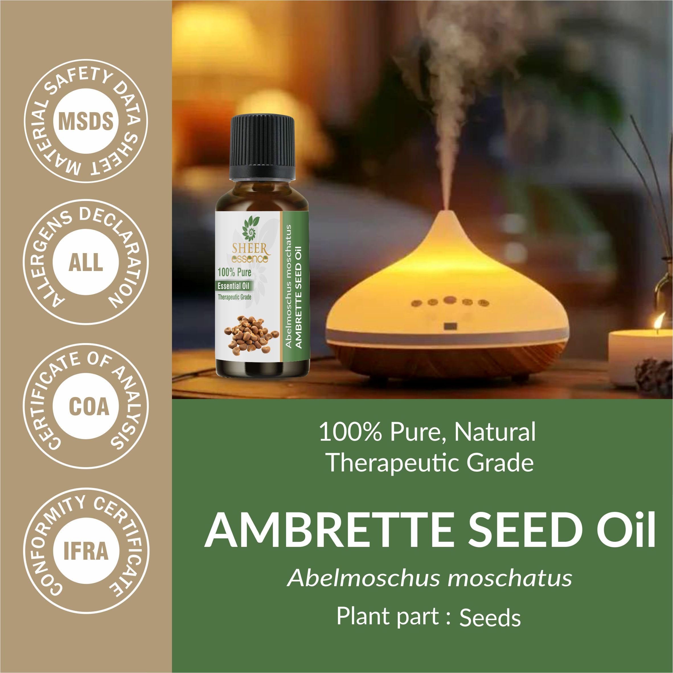 Amber bottle of Sheer Essence Ambrette Seed Oil suggests long-lasting fragrance in diffusers.