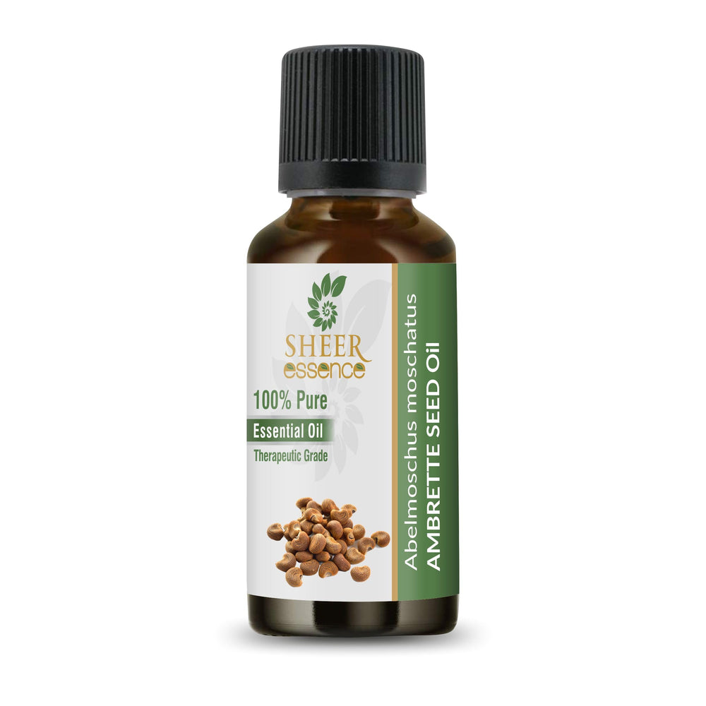 Sheer Essence Ambrette Seed Oil bottle for pure perfumery and aromatherapy base.