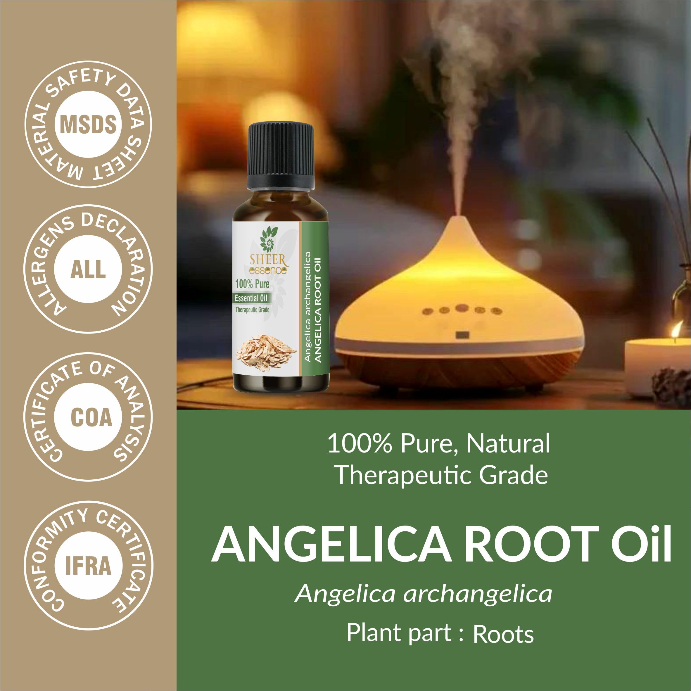 Close-up of Angelica Root Oil highlighting earthy aroma notes.