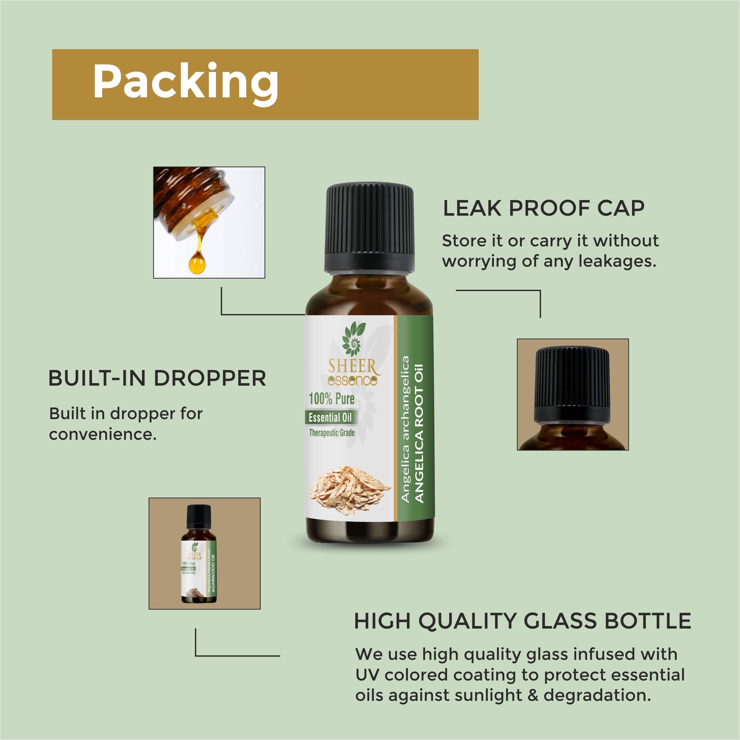 Packaging label highlights 100% pure and undiluted oil.
