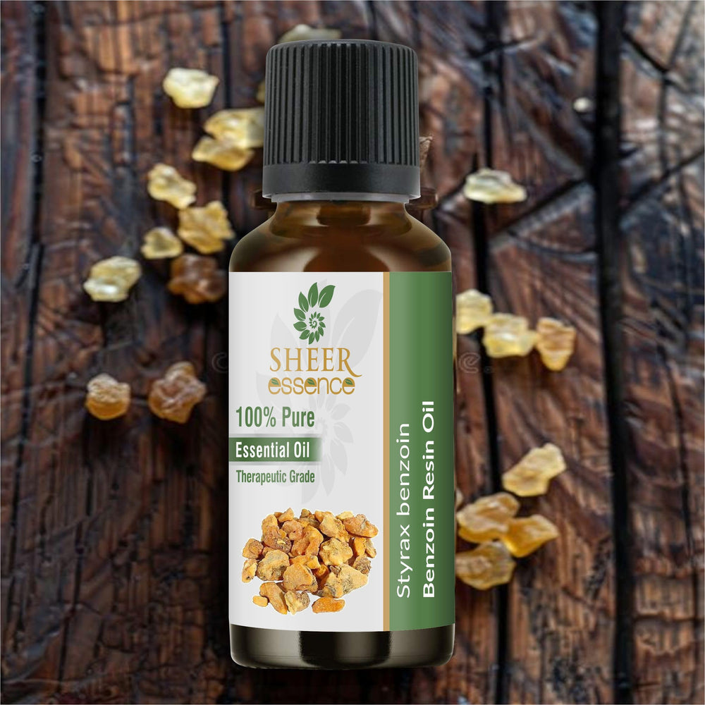 Sheer Essence benzoin oil bottle with dropper for precise pouring.