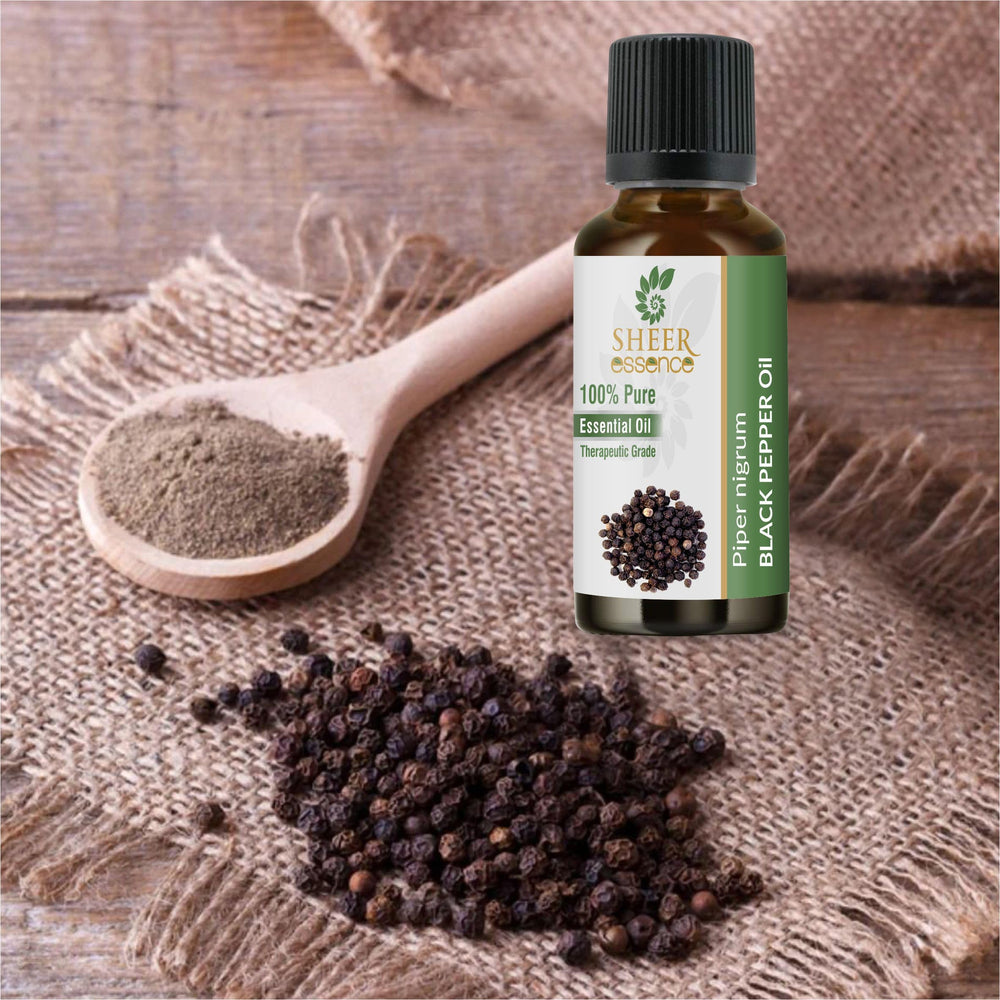 Close-up of Sheer Essence Black Pepper Oil bottle ready for diffusion.