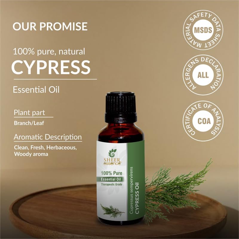 Sheer Essence Cypress Oil bath-time use for a calming soak.