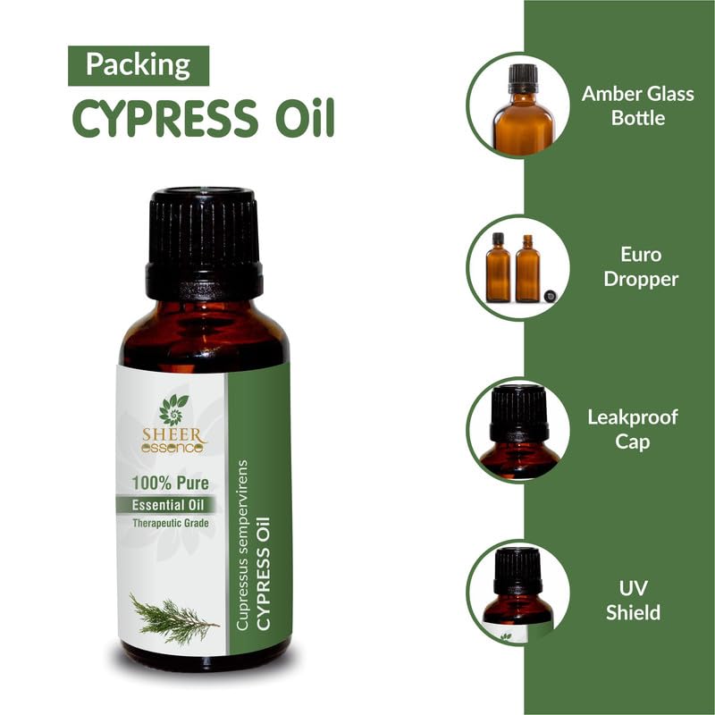 Sheer Essence Cypress Oil packaging and compact 15 ml bottle.