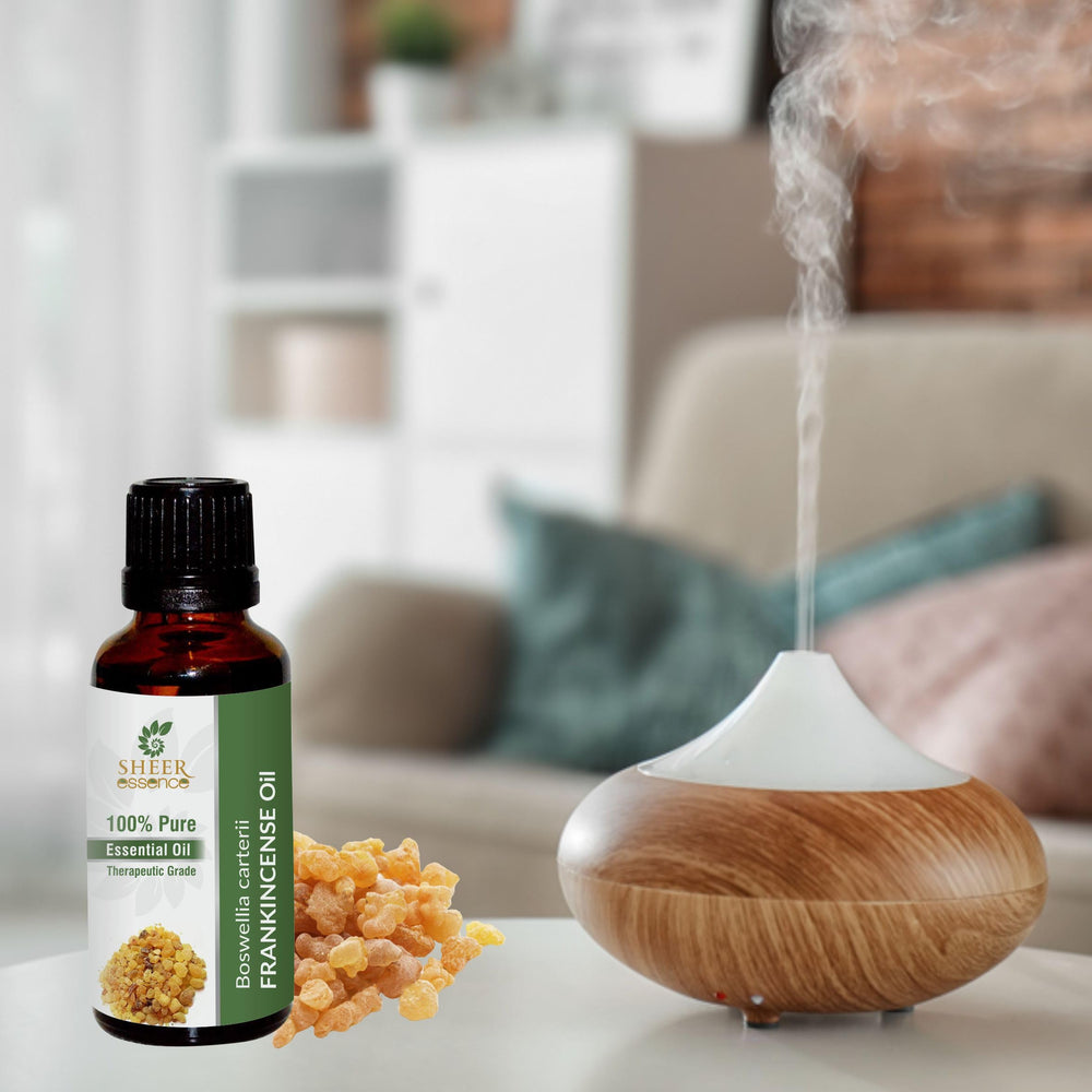Sheer Essence Frankincense oil bottle closeup highlighting purity