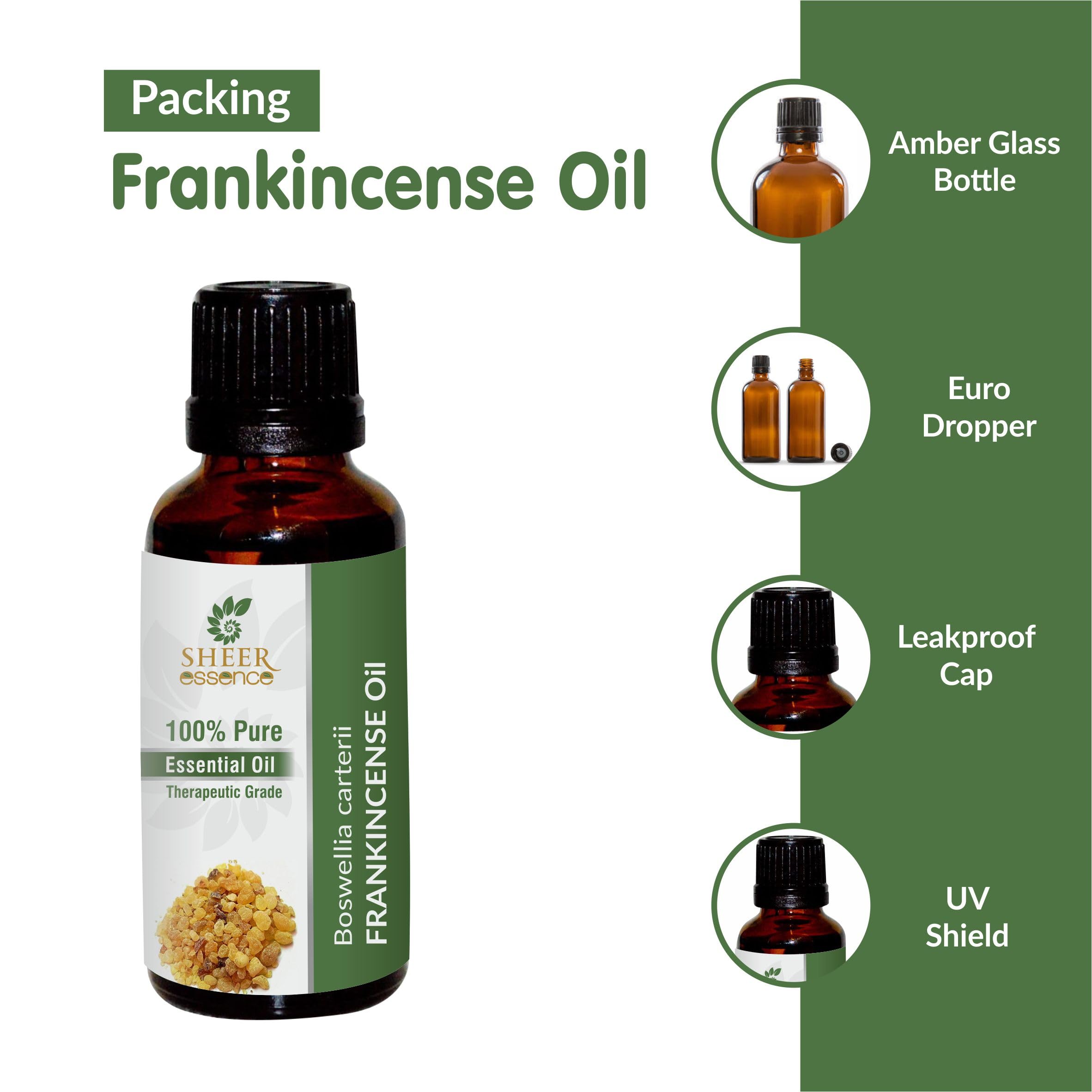 Sheer Essence Frankincense oil dropper closeup shows easy dosing