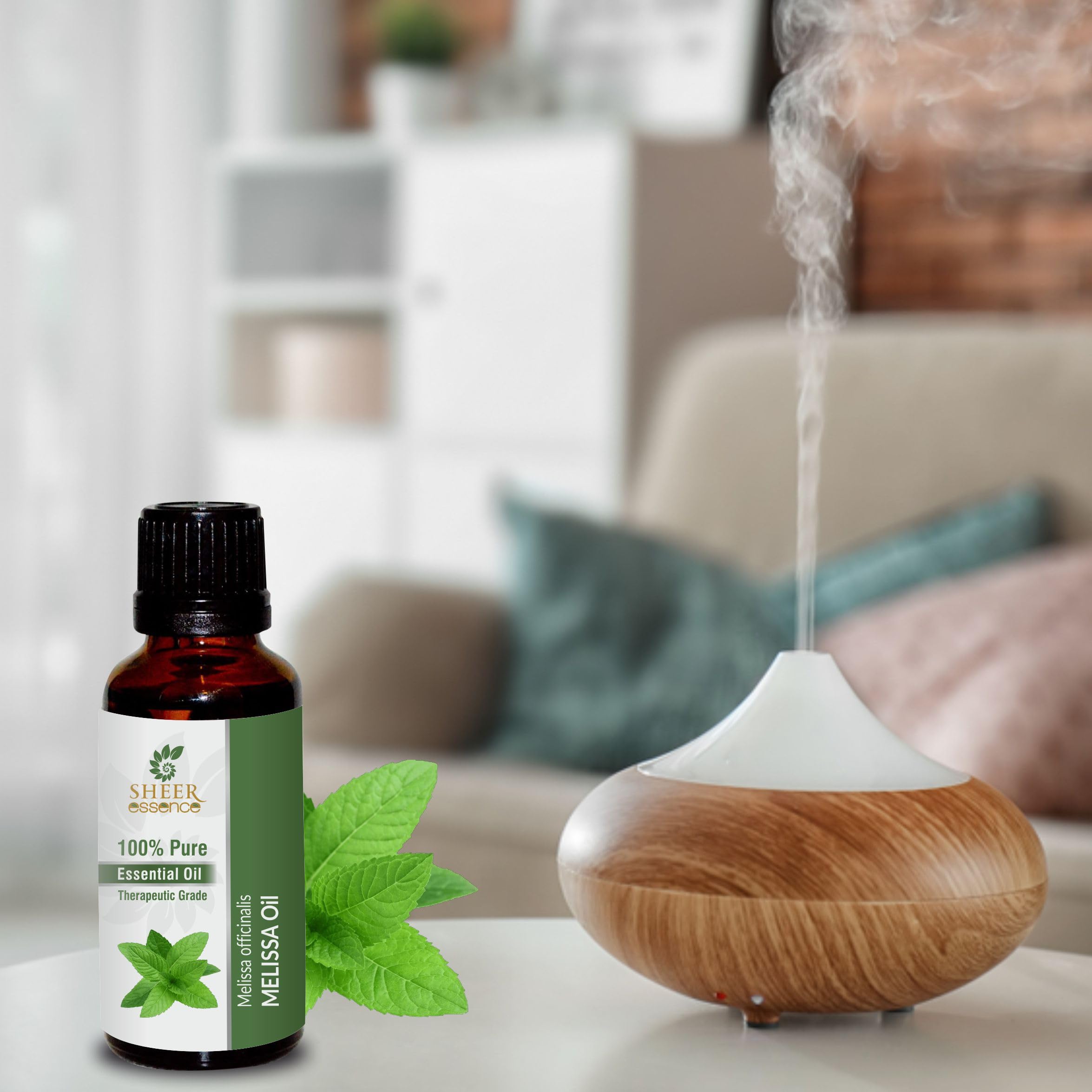Diffuser-ready Melissa oil with euro dropper promotes a serene home atmosphere.