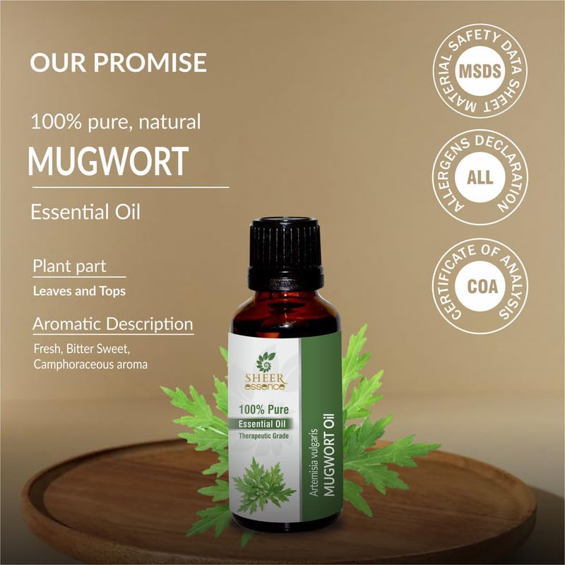 Sheer Essence Mugwort Oil amber glass bottle preserves purity and scent.