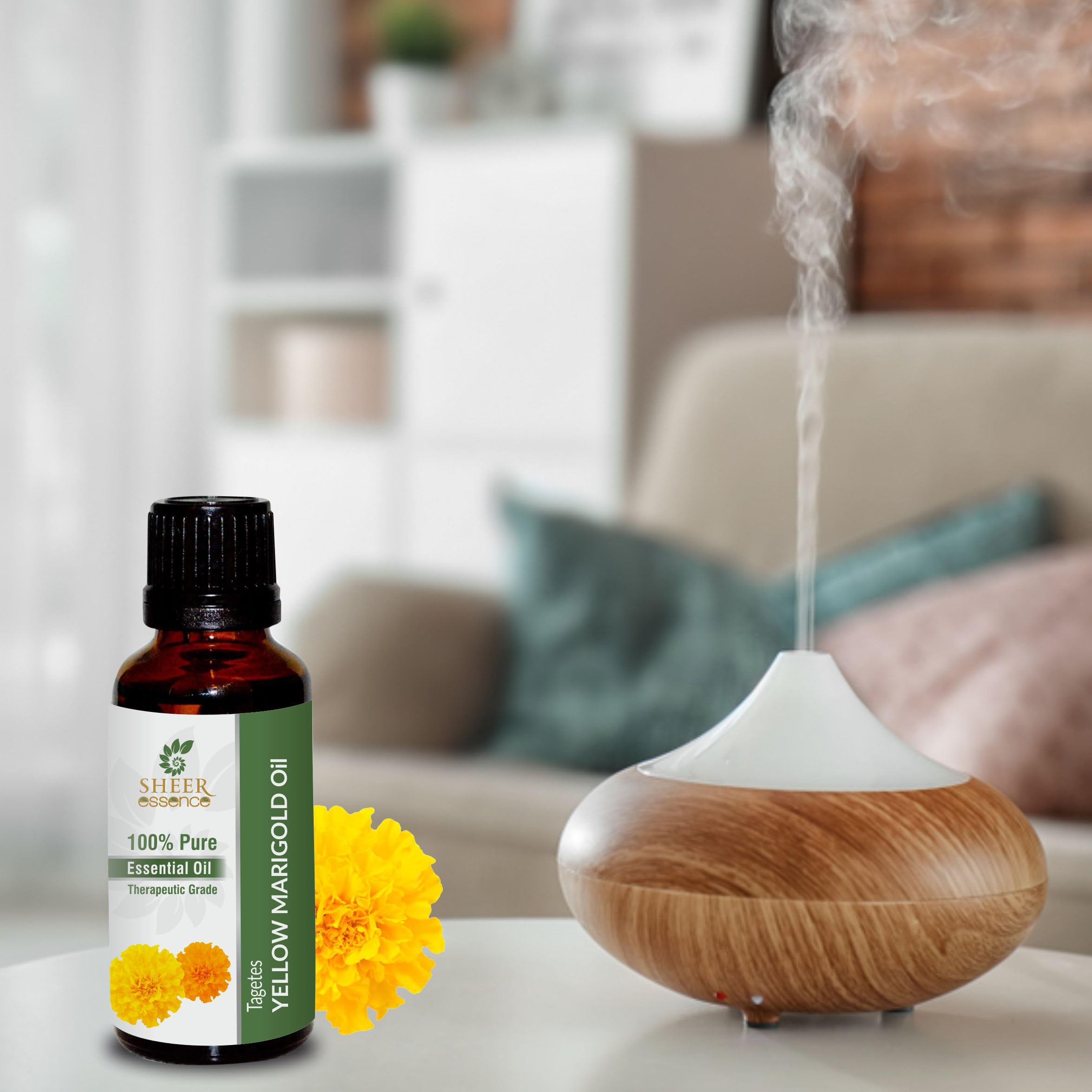 Sheer Essence Therapeutic-grade oil bottle in spa-like setting.