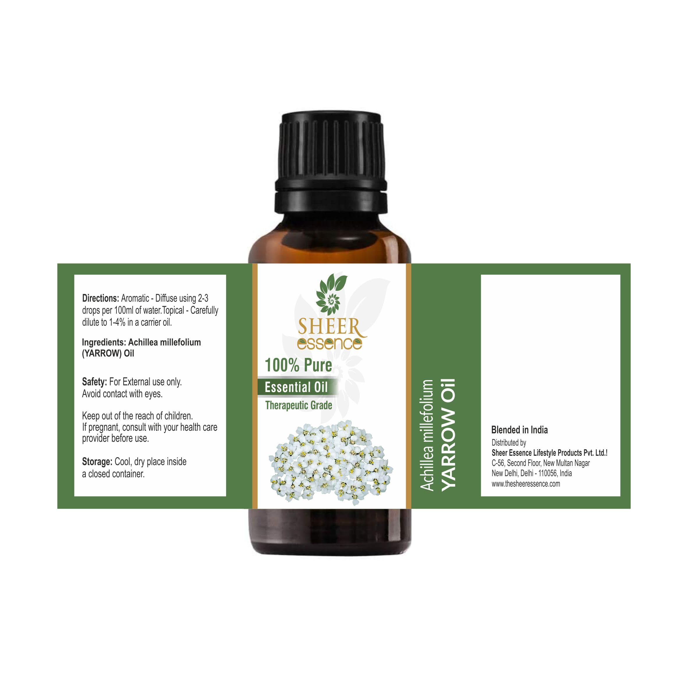 Sheer Essence Yarrow Oil bottle close-up shows pure essential quality