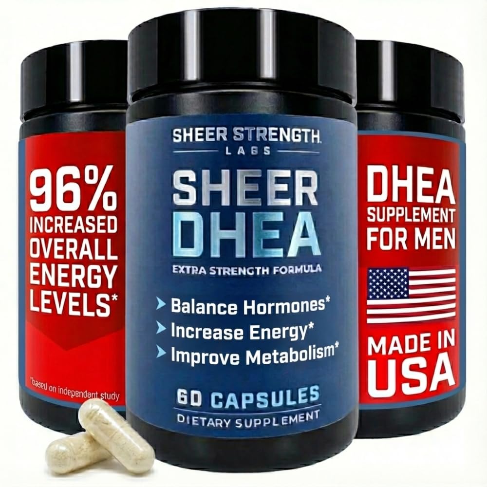 Sheer Strength DHEA 100mg bottle label promotes high-purity formula for workouts.