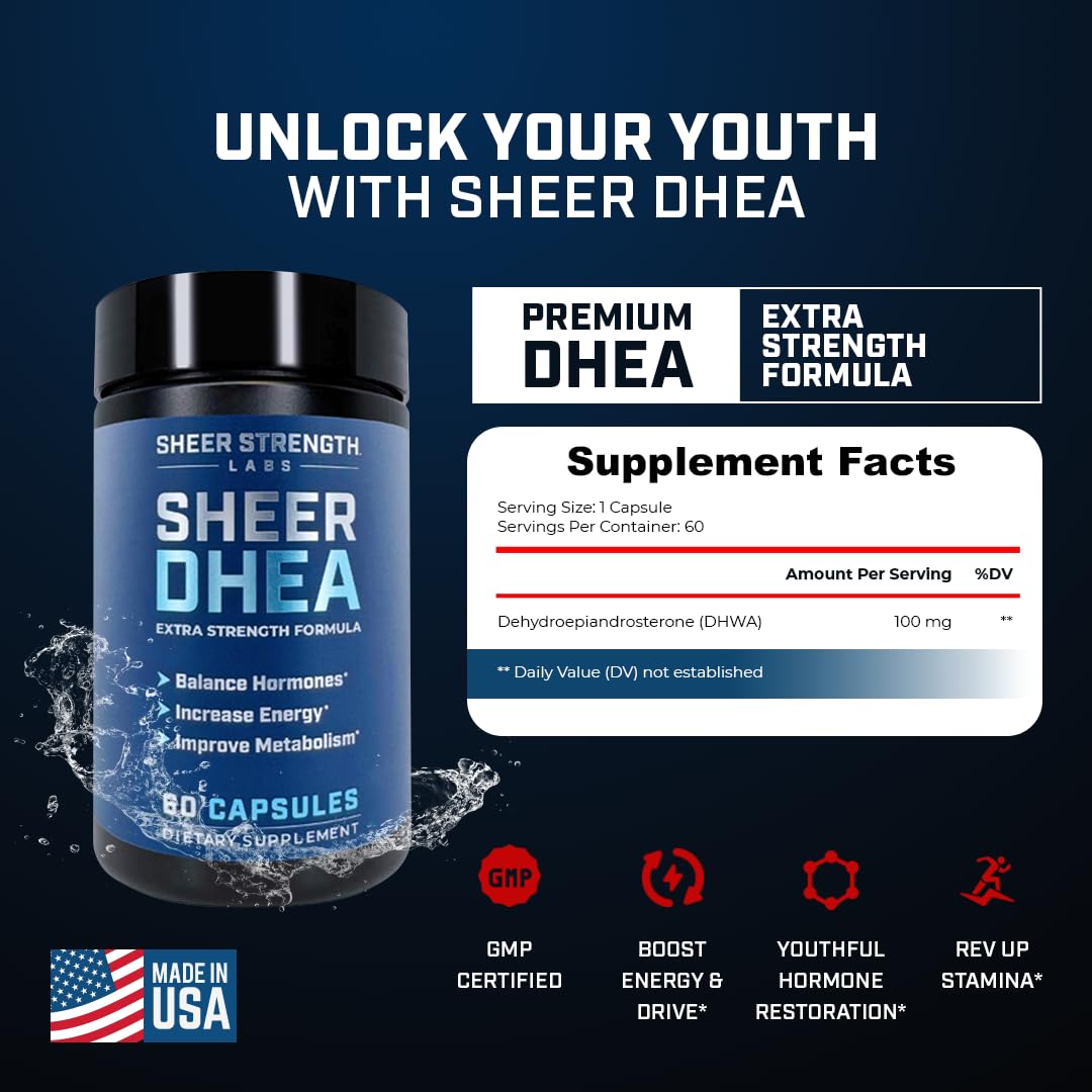Sheer Strength DHEA capsules closeup highlights dosage for muscle support.