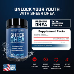 Sheer Strength DHEA capsules closeup highlights dosage for muscle support.