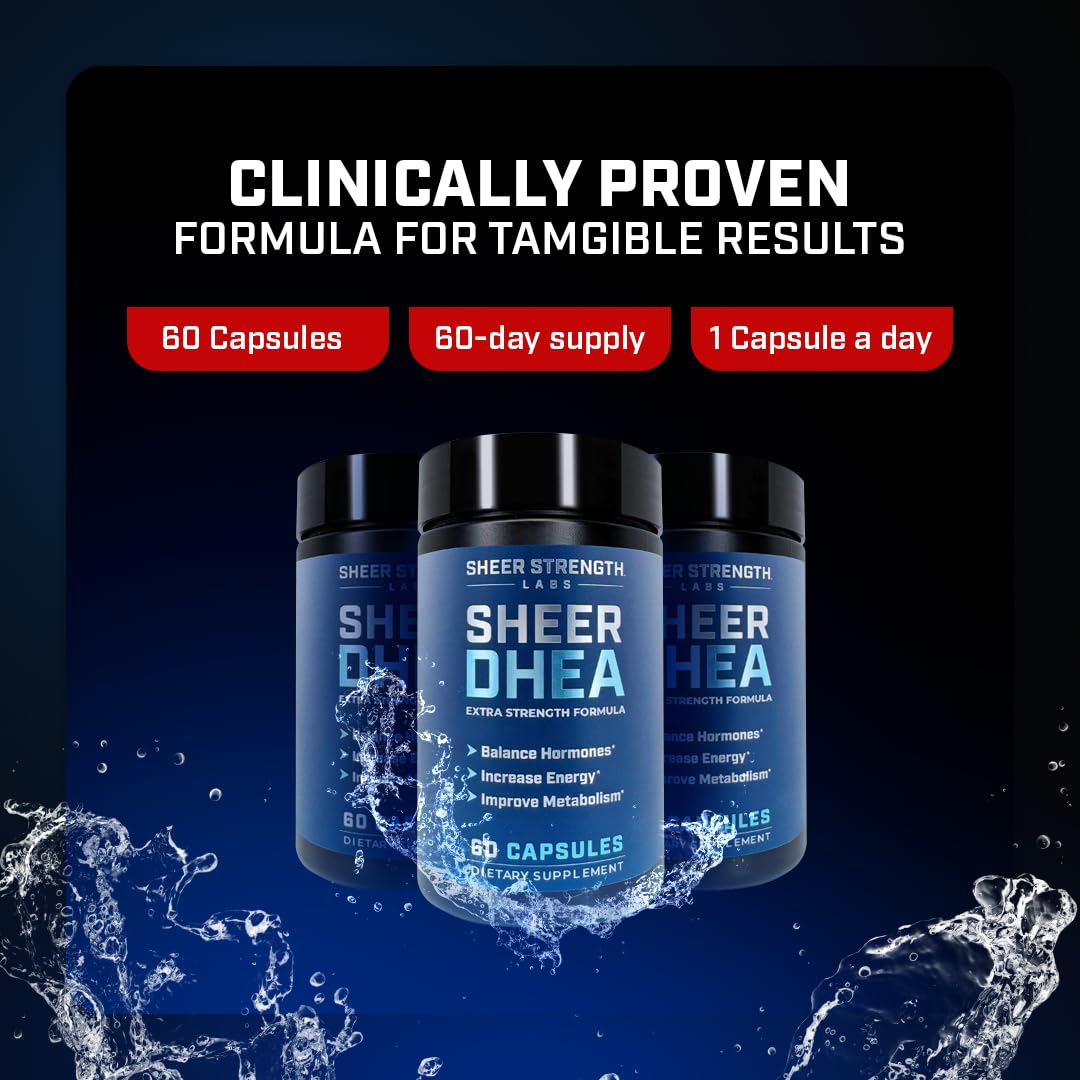 Sheer Strength DHEA capsules in hand for on-the-go use.