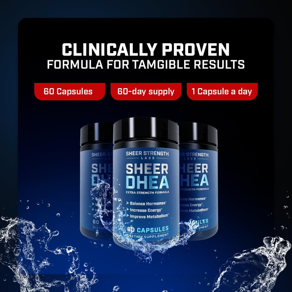 Sheer Strength DHEA capsules in hand for on-the-go use.