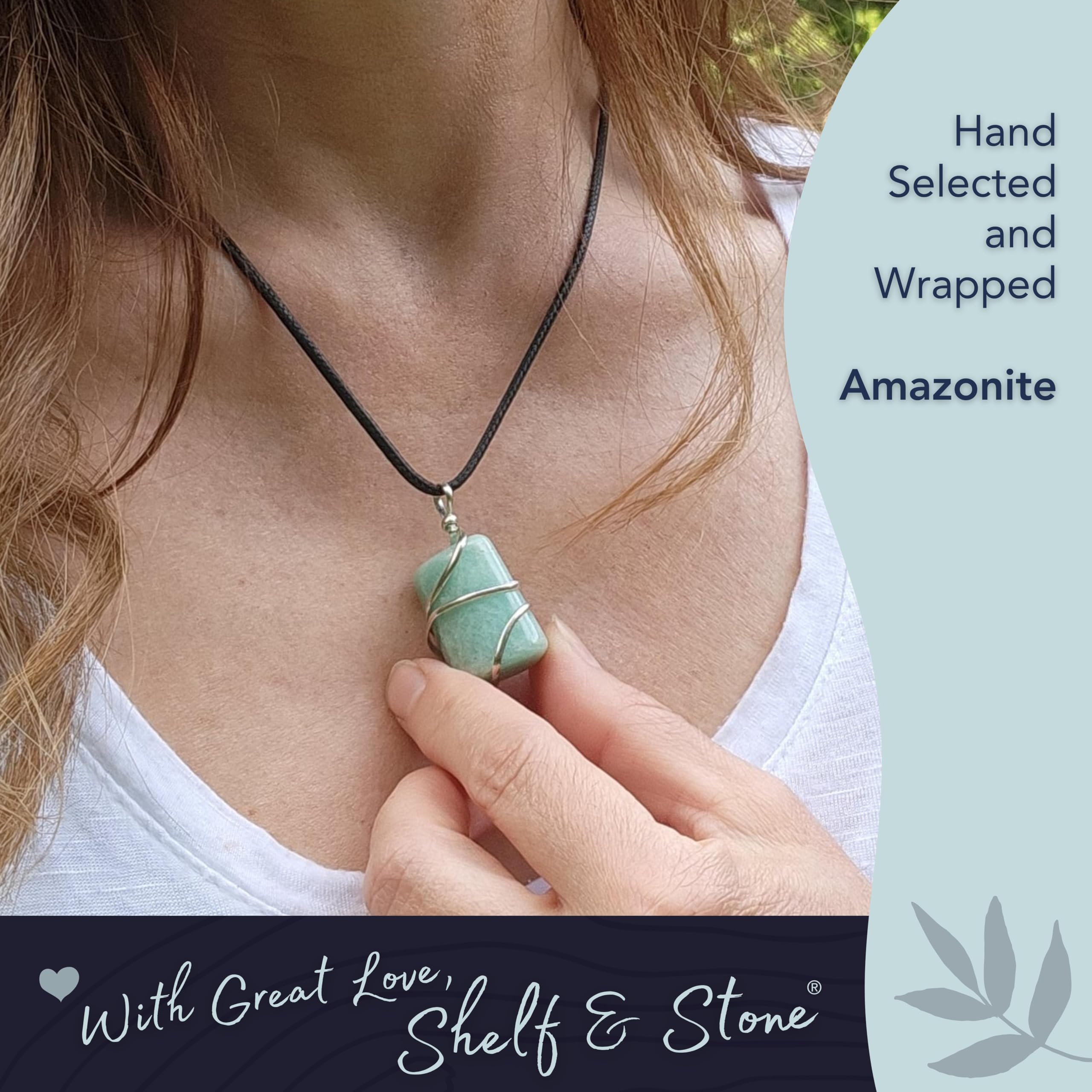 Amazonite pendant wire-wrap detail shows artisanal craftsmanship by Shelf and Stone.
