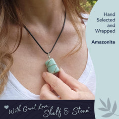 Amazonite pendant wire-wrap detail shows artisanal craftsmanship by Shelf and Stone.