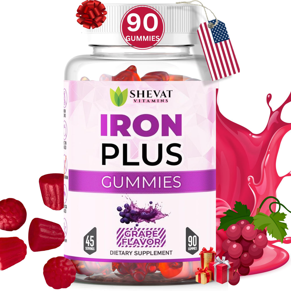 Shevat Vitamins 90 iron gummies bottle shows grape-flavored daily iron support