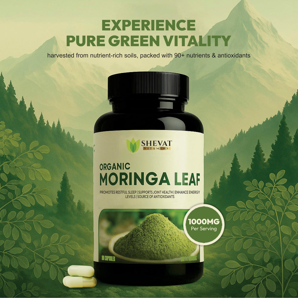 SHEVAT VITAMINS moringa capsules beside powder signaling natural daily nutrition.